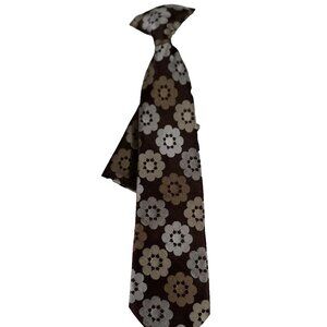 Boy's Clip-on Tie Hanky Brown Silver Floral Pattern Polyester 2.75" x 10" Long